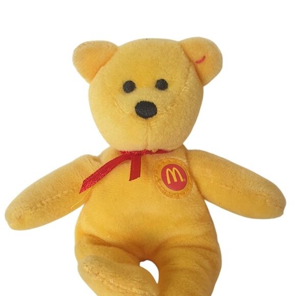 Vtg McDonalds Ty Beanie Teddy Bear 5" Yellow Red Ribbon Happy Meal Logo Soft - Picture 5 of 6